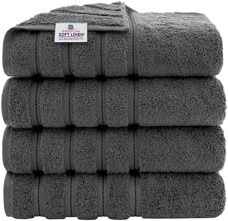 American Soft Linen Luxury 4 Piece Bath Towel Set, 600 GSM 100% Cotton Turkish Bath Towels for Bathroom, 27x54 in Large Bathroom Shower Towels, Dark Gray