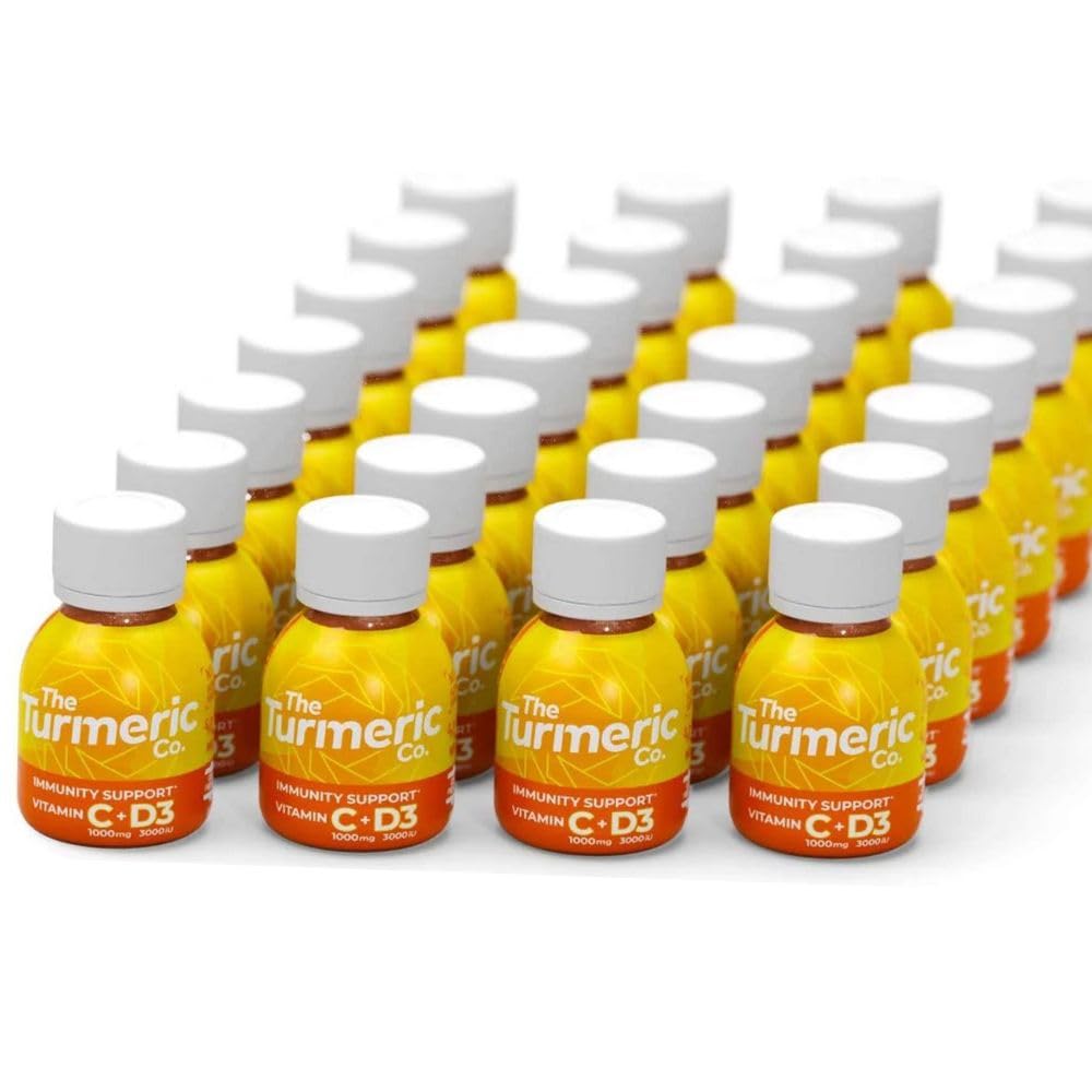The Turmeric Co Vitamin C Turmeric Drink - 28 Shots - 1000mg VIT C per Shot, Vitamin D3 3000 IU & Raw Turmeric, Health Energy Shots, Immune System Booster,100% Natural Fresh Ingredients