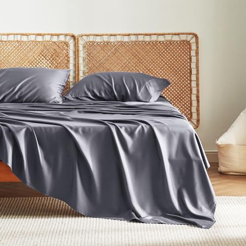 Bedsure Queen Sheet Set, Cooling Sheets for Queen Size Bed Set, Rayon Derived from Bamboo, Breathable & Soft, Deep Pocket Up to 16 Inches, Hotel Luxury Silky Bedding for Hot Sleepers, Dark Grey