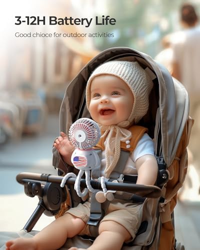 Koonie Astronaut Portable Stroller Fan, Baby-Safe Clip-on with Detachable Flexible Tripod, 3-Speeds, 270° Rotation, Rechargeable Battery-Operated, Handheld Gear for Car Seats, Cribs, Treadmills,Travel