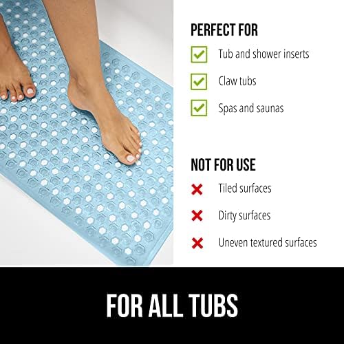GORILLA GRIP Patented Bath Tub Shower Mat, Machine Washable Bathtub Floor Liner Mats, Suction Cups and Drain Holes to Keep Tubs Clean, Soft on Feet, Bathroom Essentials, 35x16 Inch, Clear Blue