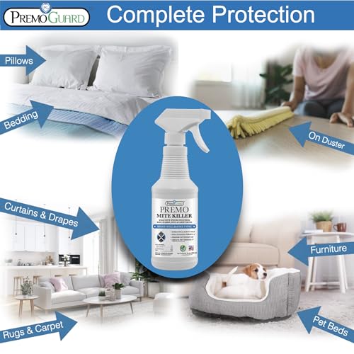 Premo Guard Mite Treatment Spray – 16 oz – Kills Dust, Scabies, Spider, Carpet, Bird, Mouse & Rat Mites in Home, on Furniture, Bedding – Natural Non-Toxic 100% Effective – Child & Pet Safe