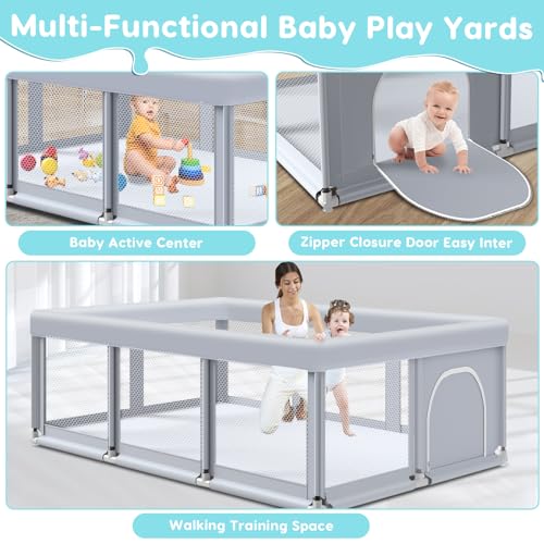 74" ×50" Large Baby Playpen, Baby Playard for Babies and Toddlers, Baby Fence Play Pens for Indoor & Outdoor, Sturdy Safety Play Yard with Soft Breathable Mesh, Anti-Fall, Grey