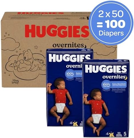 Huggies Size 5 Overnites Baby Diapers: Overnight Diapers, Size 5 (27+ lbs), 100 Ct (2 Packs of 50), Packaging May Vary