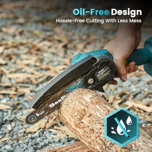 Seesii Mini Chainsaw Cordless 6-inch, Handheld Electric Power Chain Saw with 2 Batteries, for Tree Trimming Wood Cutting, Best Gifts for Dad, Husband