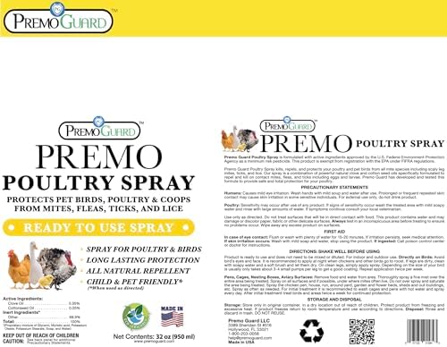 Premo Guard Poultry Spray - 32 oz - Kill Scaly Leg, Mites, Fleas, Lice, & Other Pest on Chickens and in Coops - Natural Plant Based Oils for Control, & Prevention - Family Safe with No Egg Withdrawl