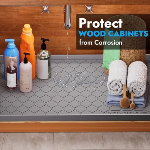 Silicone Under Sink Mat 34" x 22", Kitchen Essentials and Gadgets, Shelf Liner and Cabinet Protector, Home Organizers and Storage, Waterproof Bathroom Tray