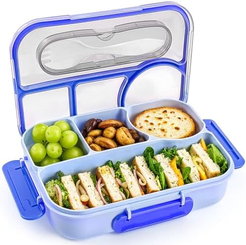 EASYFUN Bento Box Adult, Lunch Box kids, 4-Compartment Lunch Containers, Drop-Proof, Dishwasher Safe & Made with BPA-Free Materials (Blue)