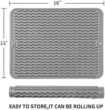 Silicone Dish Drying Mat for Multiple Usage,Easy clean,Eco-friendly,Heat-resistant Silicone Mat for Kitchen Counter or Sink,Refrigerator or drawer liner Grey L 16 inches x 12 inches