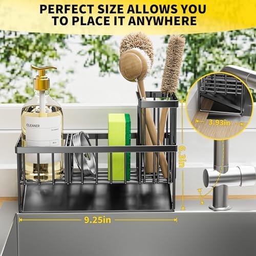 Cisily Kitchen Sink Caddy Organzier with High Brush Holder, Sponge Holder for Sink, 304 Rustproof Stainless, Kitchen Countertop Soap Dispenser Organizer, Kitchen Decor and Accessories