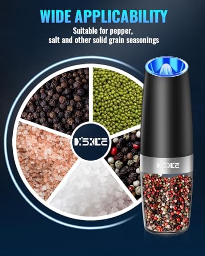 Sweet Alice Gravity Electric Pepper and Salt Grinder Set, Adjustable Coarseness, Battery Powered with LED Light, One Hand Automatic Operation, Stainless Steel Black, 2 Pack