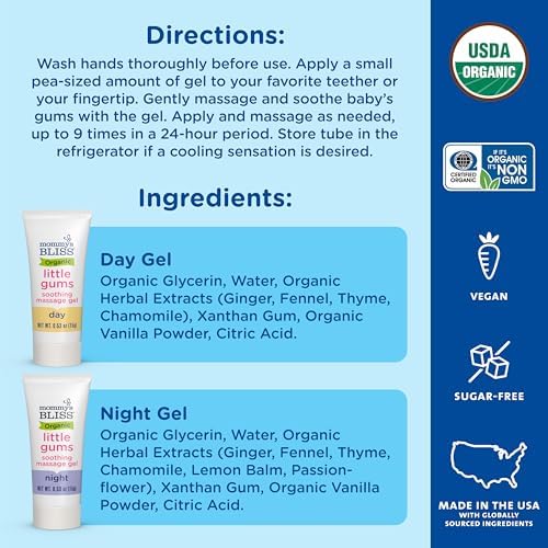 Mommy's Bliss Organic Little Gums Soothing Massage Gel Day and Night Combo, Great for Teething Babies, Age 2 Months+, Sugar Free, Mild & Sweet Flavor, 2 - 0.53 Oz Tubes (Pack of 1)