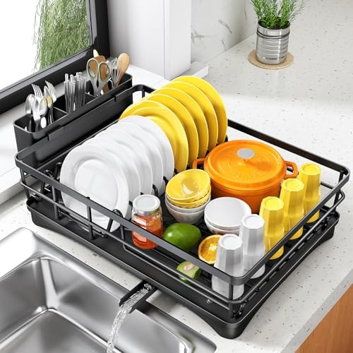 Dish Drying Rack for Kitchen Counter - Large Dish Rack with Drainboard, Rustproof Dish Drainer with Utensil Holder for Sink, Black