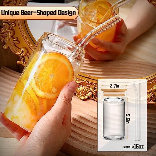 DWTS DANWEITESI Glass Cups with Lids and Straws 4 pcs,16oz Drinking Glasses Set for Coffee Bar Accessories Iced Coffee Cups with Lids,Glass Tumbler Reusable for Gifts
