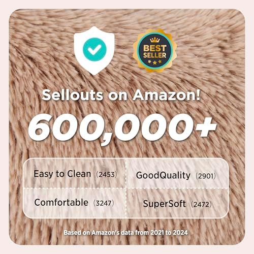 Bedsure Calming Dog Bed Medium Size Dog - Donut Washable Medium Pet Bed, 30 inches Anti-Slip Round Fluffy Plush Faux Fur Cat Bed, Fits up to 45 lbs Pets, Camel