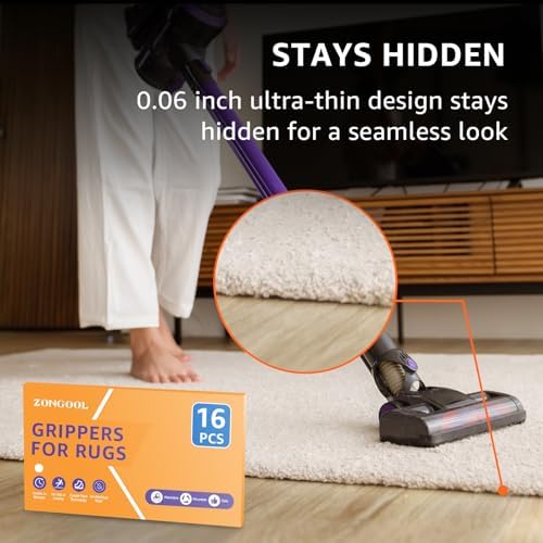 ZONGOOL 16 PCS Rug Tape, Reusable Washable Grippers for Rugs, Double Sided Non-Slip Rug Pads for Hardwood Floors, Rug Stoppers to Prevent Sliding, White
