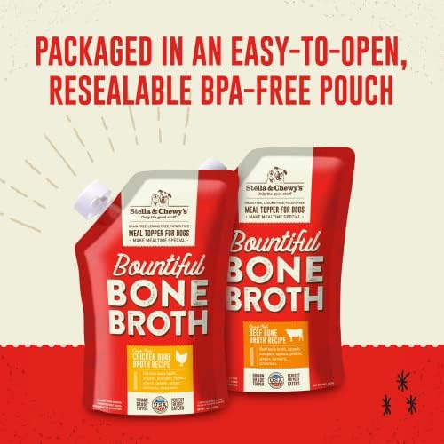 Stella & Chewy's Human-Grade Grass-Fed Beef Bone Broth for Dogs - Joint & Gut Health Liquid Food Topper with Collagen & Turmeric, 16 Fl Oz Resealable Pouch (Pack of 6)