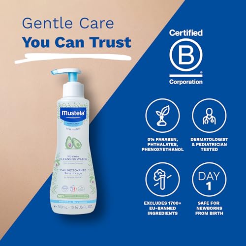 Mustela Baby Cleansing Water - No-Rinse Micellar Water - with Natural Avocado & Aloe Vera - for Baby's Face, Body & Diaper - 1 or 2-Pack - Various Sizes