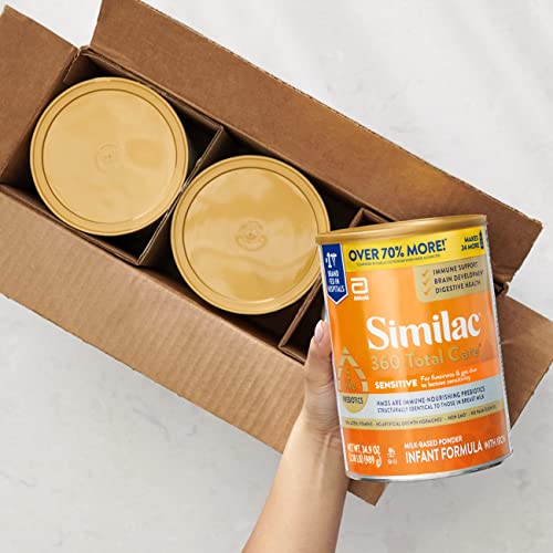 Similac 360 Total Care Sensitive Infant Formula for Fussiness & Gas Due to Lactose Sensitivity, Has 5 HMO Prebiotics, Non-GMO, Baby Formula Powder, 34.9-oz Value Can, Pack of 3