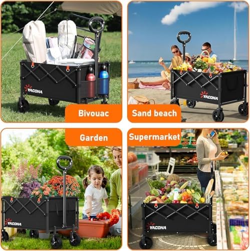 Wagons Carts Foldable, Lightweight Portable Utility Shopping Cart with Wheels, Folding Grocery Wagon Cart for Grocery, Camping, Shopping, Beach, Garden, Sports Black