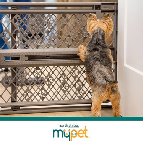 MYPET North States Paws Portable Pet Gate: 26-40" Wide. Pressure Mount. No Tools Needed. Made in USA. Dog Gate 23" Tall, Expandable, Durable Dog Gates for Doorways, Fieldstone Gray