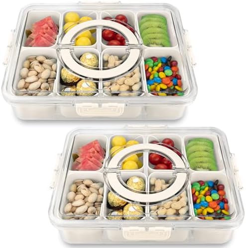 Divided Serving Tray with Lid and Handle,8 Compartments Snacks Box,Snack Fruit Tray,Veggie Tray,Portable Platter for Candy Fruits Nuts Snack Party Entertaining Picnic(2 PCS)