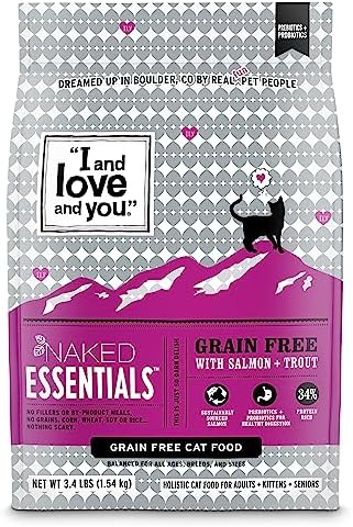 I and love and you Naked Essentials Dry Cat Food - Salmon + Trout - Grain Free, Real Meat, No Fillers, Prebiotics + Probiotics, 3.4lb Bag