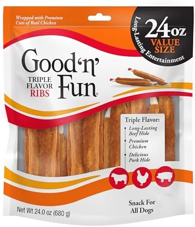 Good 'n' Fun Triple Flavor Ribs Chews for All Dogs, 24 Ounces, Treat Your Dog to Long-Lasting Chews Made with Beef Hide, Chicken and Pork Hide