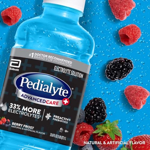 Pedialyte AdvancedCare Plus Electrolyte Hydration Drink, Has 33% More Electrolytes and Has PreActiv Prebiotics, Berry Frost, 1 Liter, Pack of 4