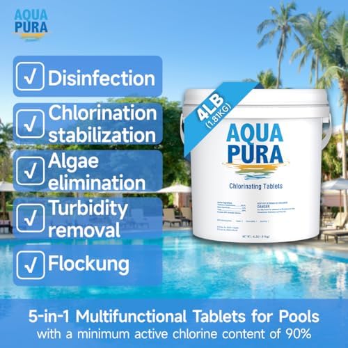 Aqua Pura Chlorine Tablets for Swimming Pool,3" Pool Supplies, Individually Wrapped Stabilized Chlorine Tablets, Long-Lasting, Slow Dissolve,Kill Bacteria,UV Protected,90% Available,4 LB