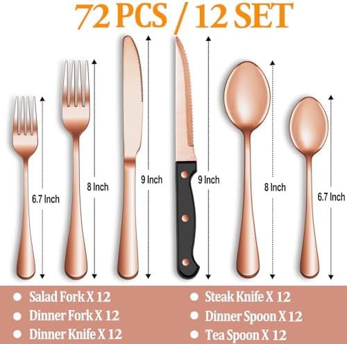 72 Pcs Rose Gold Silverware Set with Steak Knives Service for 12,Stainless Steel Flatware Set,Mirror Polished Cutlery Utensil Set, Kitchen Eating Tableware,Include Fork Knife Spoon Set,Dishwasher Safe