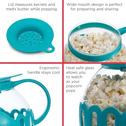 Ecolution Patented Micro-Pop Microwave Popcorn Popper with Temperature Safe Glass, 3-in-1 Lid Measures Kernels and Melts Butter, Made Without BPA, Dishwasher Safe, 1.5-Quart, Teal