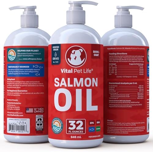 Salmon Oil for Dogs & Cats - Healthy Skin & Coat, Fish Oil, Omega 3 EPA DHA, Liquid Food Supplement for Pets, All Natural, Supports Joint & Bone Health, Natural Allergy & Inflammation Defense, 32 oz