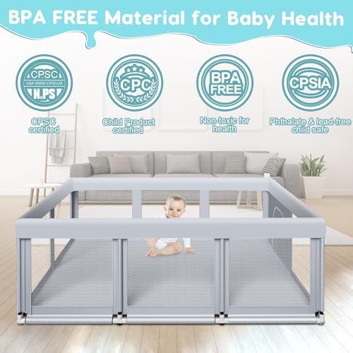 74" ×50" Large Baby Playpen, Baby Playard for Babies and Toddlers, Baby Fence Play Pens for Indoor & Outdoor, Sturdy Safety Play Yard with Soft Breathable Mesh, Anti-Fall, Grey
