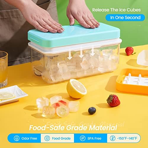 Ice Cube Tray with Lid and Bin, PHINOX 64 pcs Ice Trays for Freezer, Ice Cube Trays for Freezer with 2 trays, Container, Lid & Ice Scoop, BPA Free
