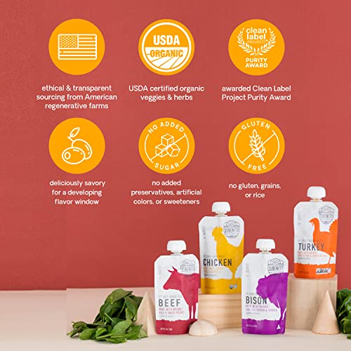 Serenity Kids 6+ Months Baby Food Pouches - Ethically Sourced Meat & Organic Veggies - High Protein Savory Baby Puree Pouches for Baby Snacks - 3.5 Oz, 8 Pack