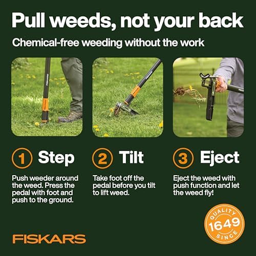 Fiskars 3-Claw Stand Up Weed Puller Tool, Gardening Weeder, Hand Weeding Tool with 39" Long Ergonomic Handle with Easy-Eject Mechanism