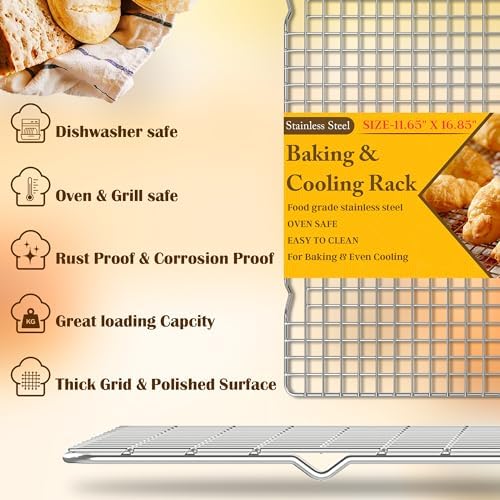 2PCS Cooling Racks for Cooking and Baking -11.65''x16.85''Heavy Duty Stainless Steel Wire Rack for Baking, Grilling, Roasting - Oven & Dishwasher Safe - Fits Half Sheet Pan(Silver)