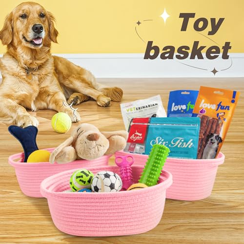 Pro Goleem Small Woven Basket with Gift Bags and Ribbons Durable Baskets for Gifts Empty Small Rope Basket for Storage 12"X 8" X 5" Baby Toy Basket with Handles, Pink