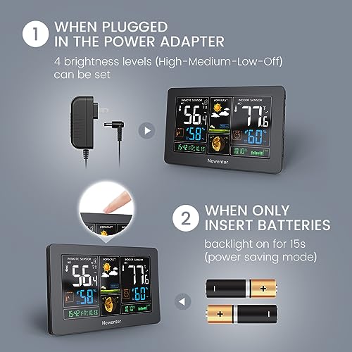 Newentor Weather Station Wireless Indoor Outdoor Thermometer, Color Display Digital Weather Thermometer with Atomic Clock, Barometric Pressure, Forecast Station with Adjustable Backlight,Black,2Sensor