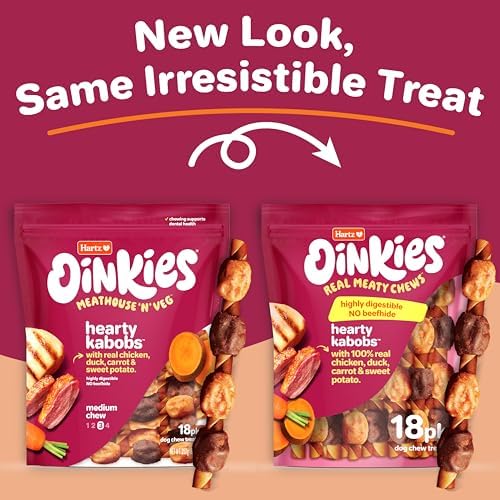 Hartz Oinkies Hearty Kabob Dog Treats with 100% Real Chicken, Duck, Sweet Potato & Carrot, Rawhide-Free, Natural Dog Treats, Highly Digestible Long Lasting Chews, 18 Count