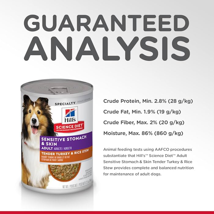 Hill's Science Diet Adult Sensitive Stomach & Sensitive Skin Tender Turkey & Rice Stew Canned Wet Dog Food, 12.5 oz., Pack of 12