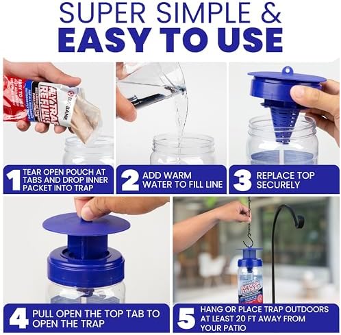 2 Fly Traps Outdoor Fly Trap for Patio with 4 Non-Toxic Dissolvable Bait Refills. Reusable Hanging Bug Catcher Killer for All Filth Flies for Outside Bug Control Yard Ranch. Hanging Chains Included