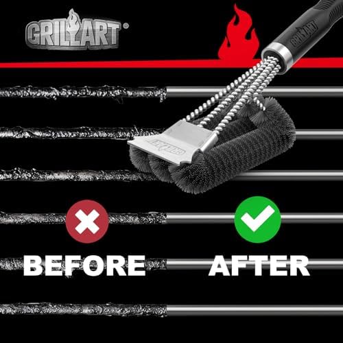 GRILLART Grill Brush and Scraper, Extra Strong BBQ Cleaner Accessories, Safe Wire Bristles Barbecue Triple Scrubbers Cleaning Brush for Gas/Charcoal Grilling Grates, Wizard Tool BR-8115