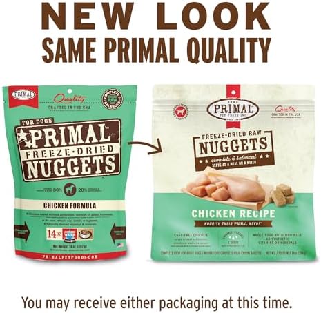 Primal Freeze Dried Dog Food Nuggets, Chicken; Complete Balanced Meal, Topper or Treat; Premium, Healthy, Grain Free, High Protein Raw Dog Food, 14 oz