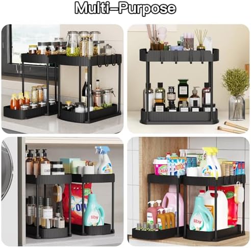 2 Pack Multi-Purpose Pull-Out Storage Organizers, Under Sink Organizers and Storage for Bathroom & Kitchen, Under Cabinet Organizers and storage, 12.8 Inch, Black