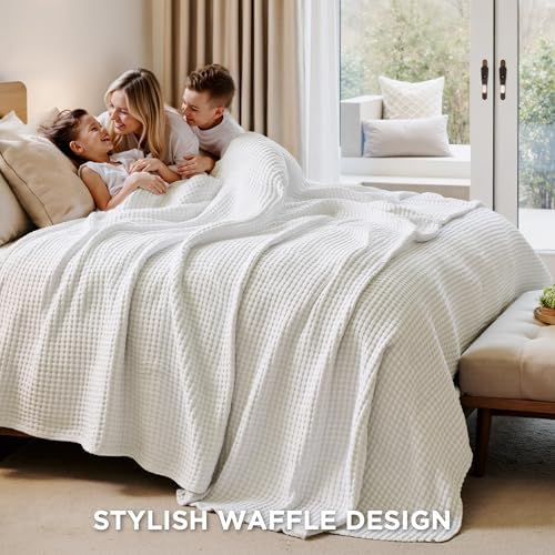 Bedsure Cooling Cotton Waffle Queen Size Blanket - Lightweight Breathable Summer Blanket of Rayon Derived from Bamboo for Hot Sleepers, Luxury Throws for Bed, Couch and Sofa, Ivory, 90x90 Inches
