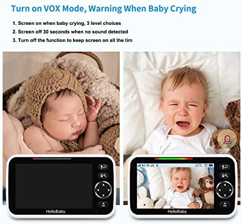 HelloBaby No WiFi Baby Monitor 5" Screen 30-Hour Battery Pan-Tilt-Zoom Video Upgrade with Camera and Audio, Night Vision, VOX, 2-Way Talk, 8 Lullabies and 1000ft Range