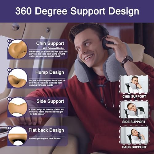 napfun Neck Pillow for Traveling, Upgraded Travel Neck Pillow for Airplane 100% Pure Memory Foam Travel Pillow for Flight Headrest Sleep, Portable Plane Accessories, Light Grey