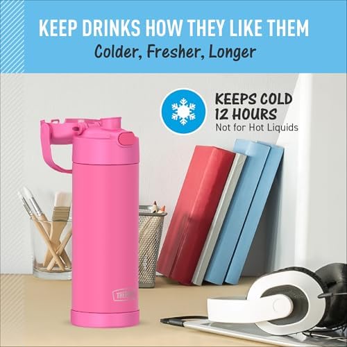 THERMOS FUNTAINER 16 Ounce Stainless Steel Vacuum Insulated Bottle with Wide Spout Lid, Neon Pink